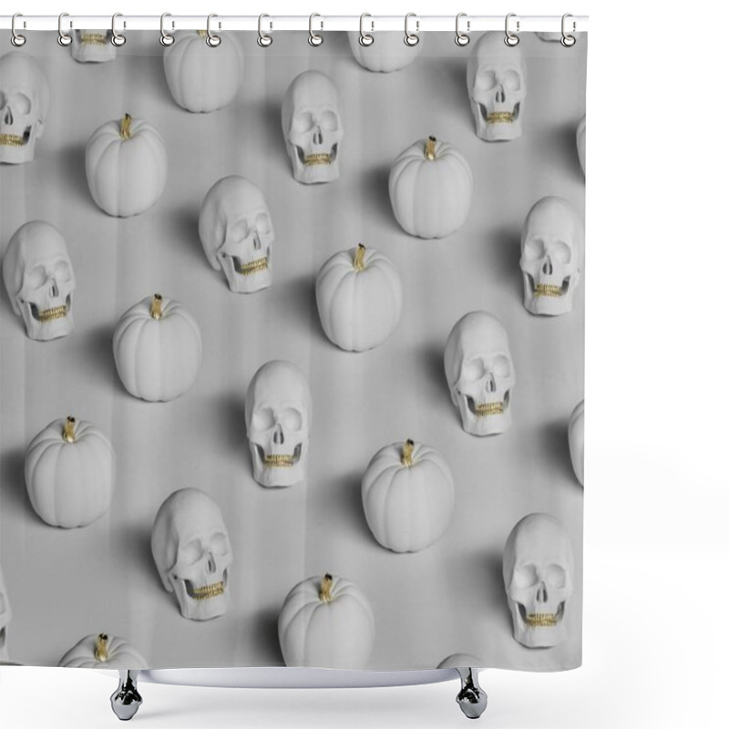 Personality  Arrangement Of White Skulls And Pumpkins With Gold Accents, Creating A Spooky Yet Elegant Vibe. Shower Curtains