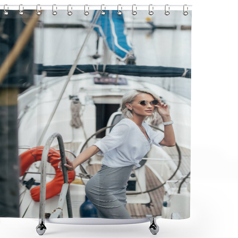 Personality  Beautiful Young Woman In Sunglasses Looking At Camera On Yacht Shower Curtains