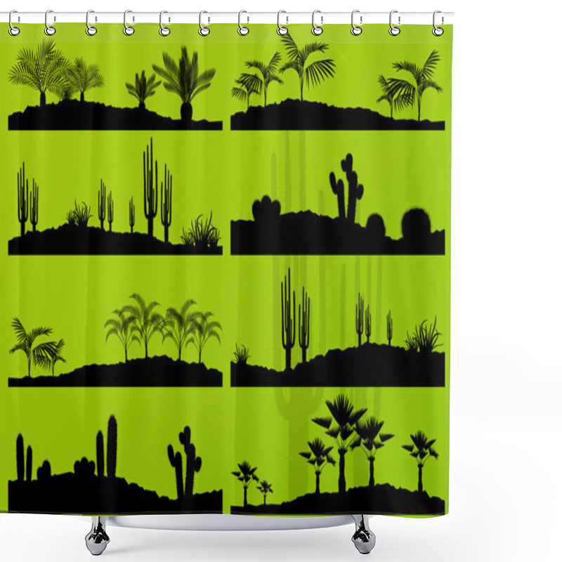 Personality  Desert Cactus Plant And Exotic Palm Trees Detailed Landscape Bac Shower Curtains