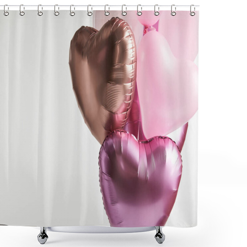 Personality  Bundle Of Heart-shaped Pink And Golden Balloons Isolated On White With Copy Space Shower Curtains