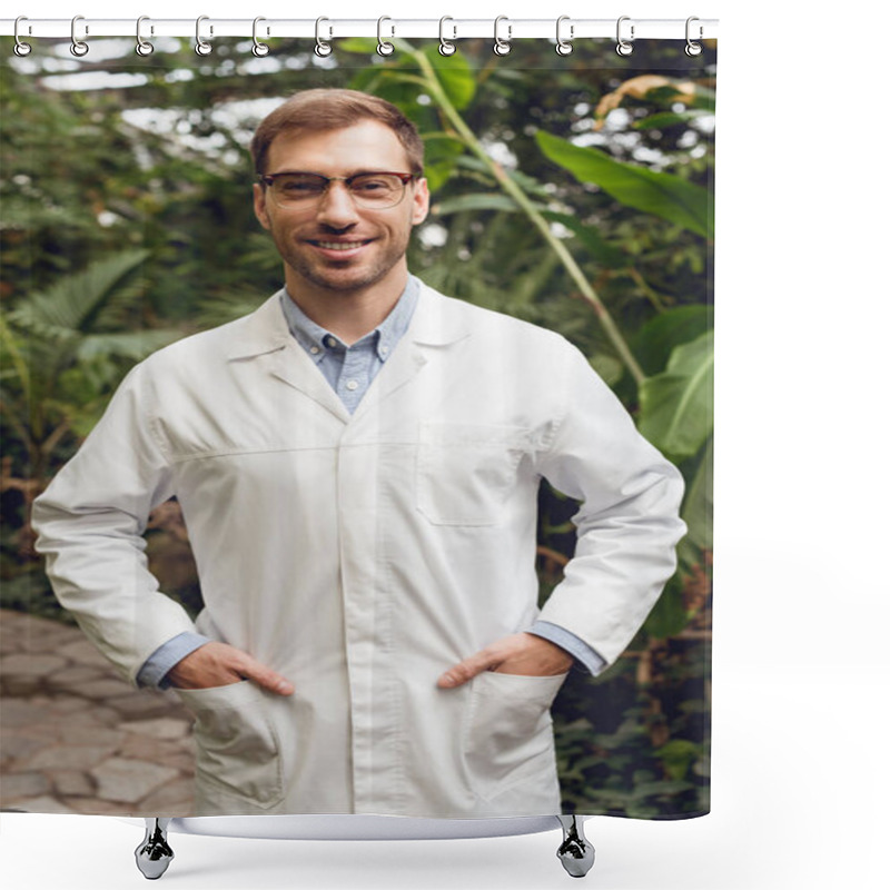 Personality  Smiling Handsome Scientist In White Coat And Glasses Standing With Hands In Pockets In Orangery Shower Curtains