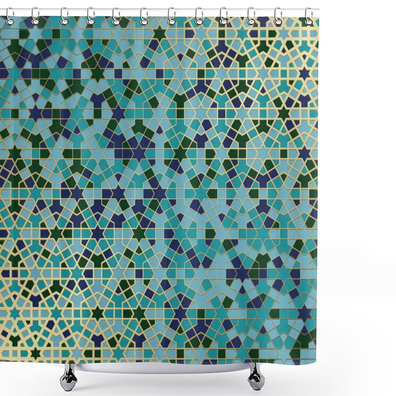 Personality  Abstract Background With Islamic Ornament, Arabic Geometric Texture. Golden Lined Tiled Motif Over Colored Background With Stained Glass Style. Shower Curtains