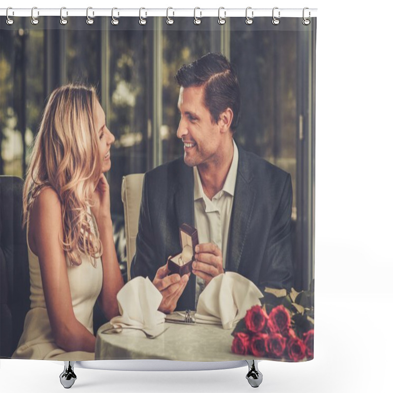 Personality  Man Holding Box With Ring Making Propose To His Girlfriend Shower Curtains