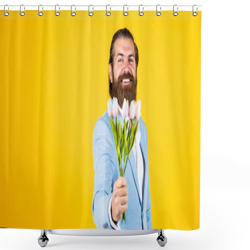 Personality  True Gentleman With Bouquet. Love Date Concept. Bearded Man In Formalwear With Tulip Flowers. Elegant Businessman Wear Elegant Apparel For Formal Event. Spring Present. Copy Space Shower Curtains