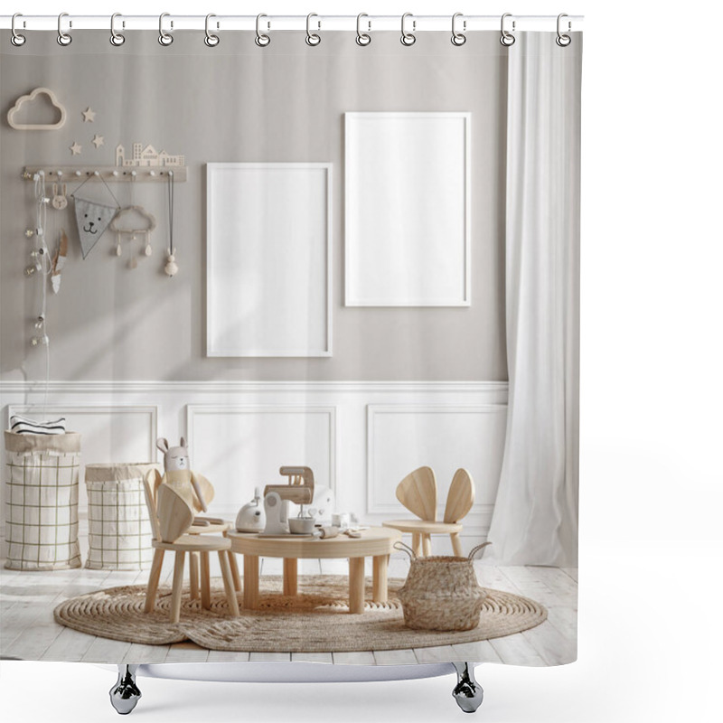 Personality  Mock Up Frame In Children Room With Natural Wooden Furniture, 3D Render Shower Curtains