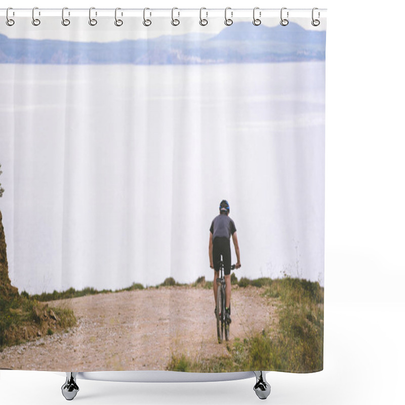 Personality  Theme Tourism And Cycling On Mountain Biking. Young Guy Riding Down At High Speed On Rocky, Mountain Road Backdrop Mediterranean Sea In Spain On Shore Of Kosta Brava In Helmet And Bicycle Shorts Shower Curtains