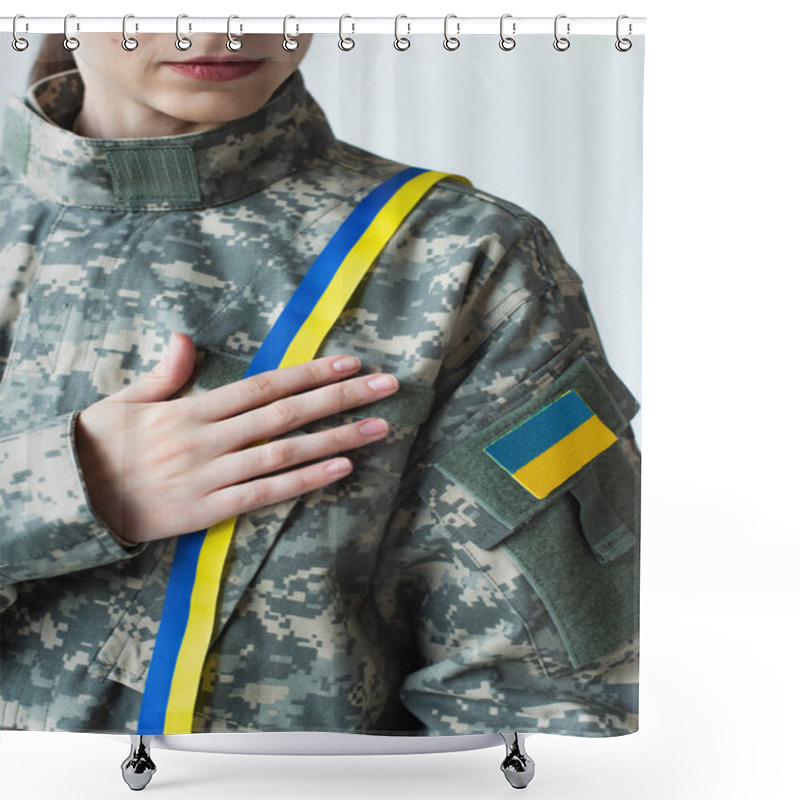 Personality  Cropped View Of Soldier With Ukrainian Flag On Chevron Touching Blue And Yellow Ribbon Isolated On Grey  Shower Curtains