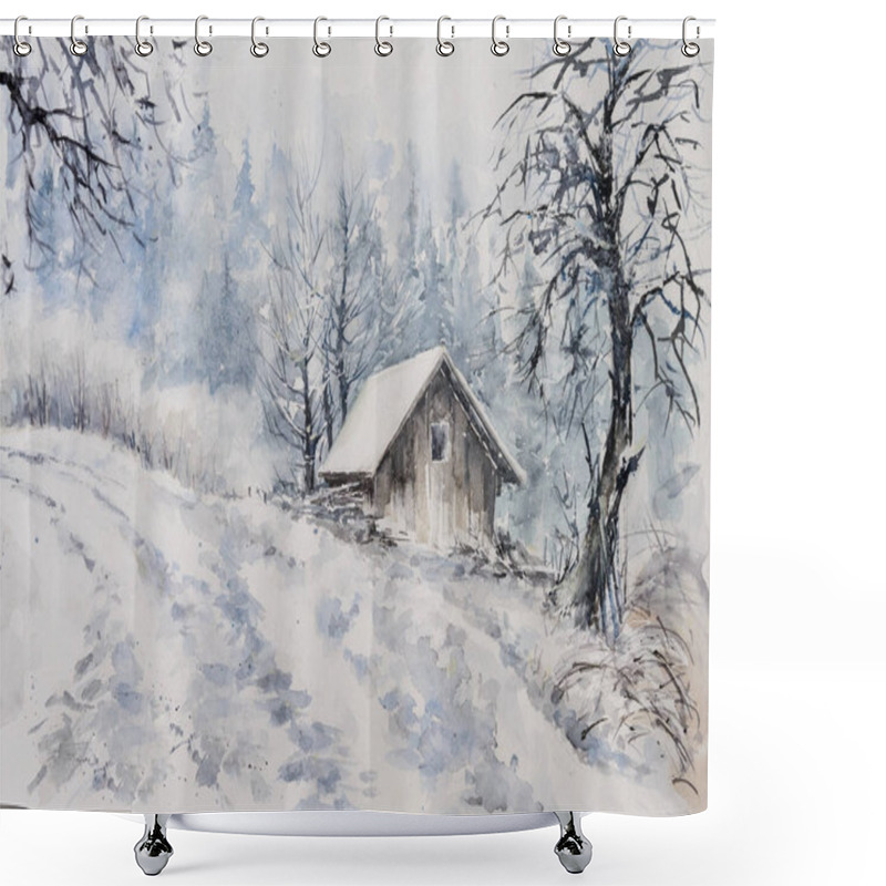 Personality  Watercolors Oryginal Painting Of Winter Mountain Landscape And Farm Covered With Snow. Shower Curtains