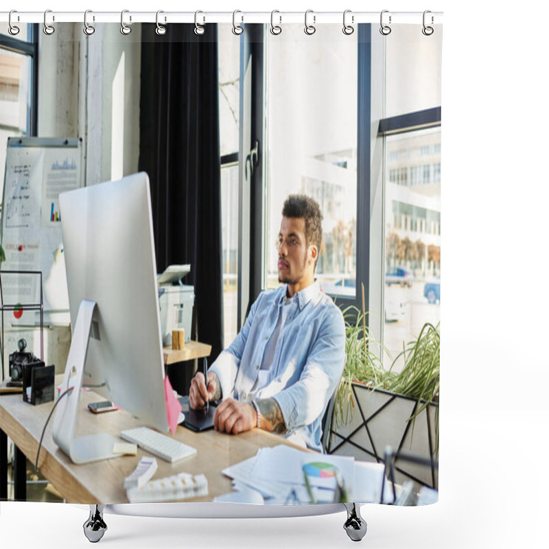 Personality  Handsome Man Engages In Creative Tasks At An Expansive Office Desk During Daylight Hours. Shower Curtains