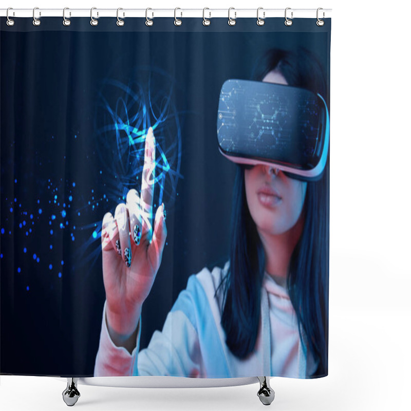 Personality  Selective Focus Of Young Woman In Virtual Reality Headset Pointing With Finger At Glowing Cyber Illustration On Dark Background Shower Curtains