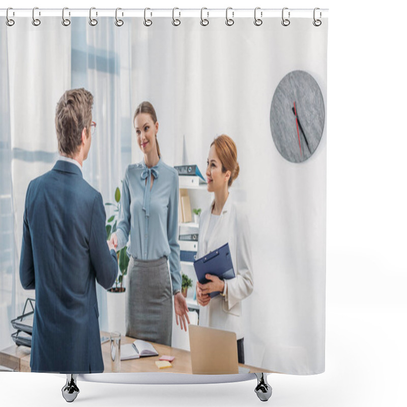 Personality  Back View Of Man Shaking Hands With Happy Recruiter Near Colleague In Office Shower Curtains