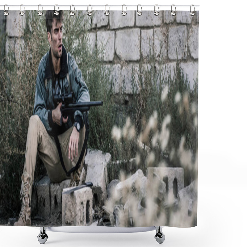 Personality  Panoramic Shot Of Handsome Man With Gun Near Brick Wall Outside, Post Apocalyptic Concept Shower Curtains