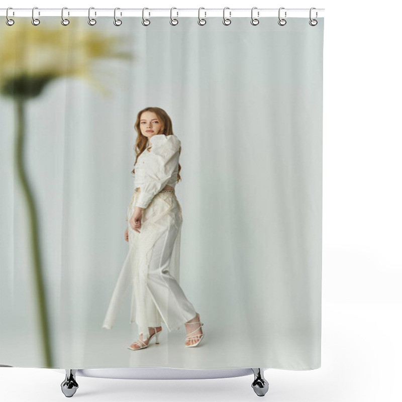 Personality  A Young Woman Stands Elegantly While Surrounded By Blooming Flowers. Shower Curtains