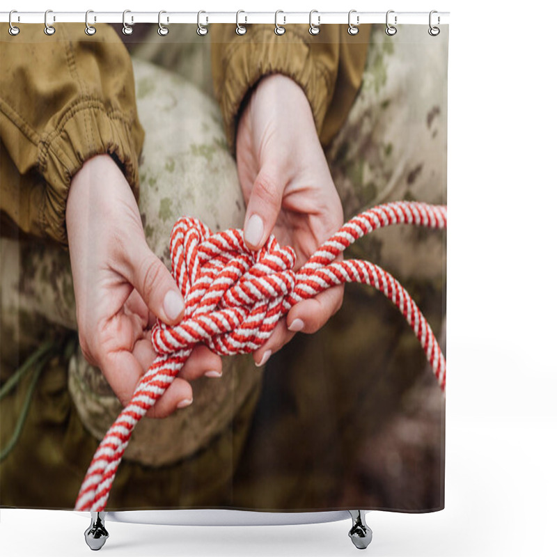 Personality  Close Up Of Female Hands Tie A Rope. Shower Curtains