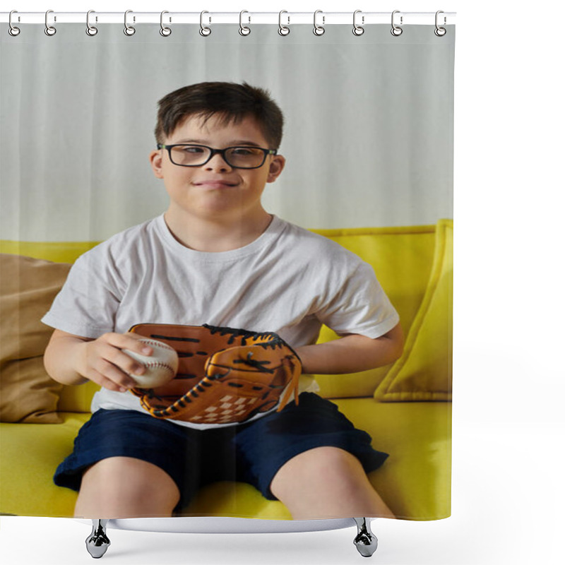 Personality  Adorable Boy With Down Syndrome With Glasses Sitting On A Yellow Couch Holding A Baseball. Shower Curtains