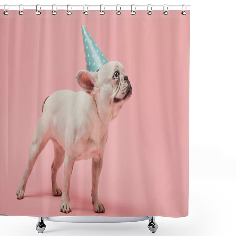 Personality  White French Bulldog With Dark Nose And Blue Birthday Cap On Pink Background Shower Curtains