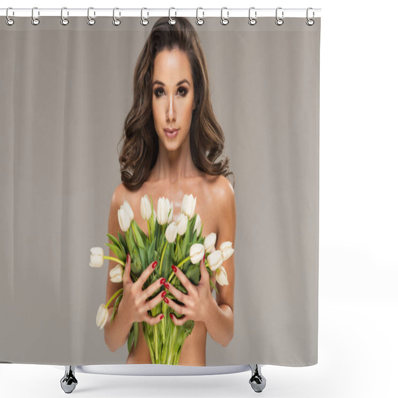 Personality  Young Woman With White Tulips  Shower Curtains