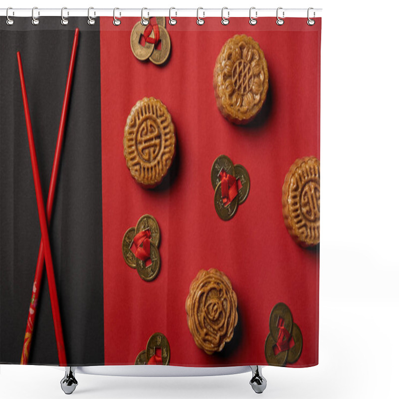 Personality  Top View Of Mooncakes, Feng Shui Coins And Chopsticks On Red And Black Background Shower Curtains