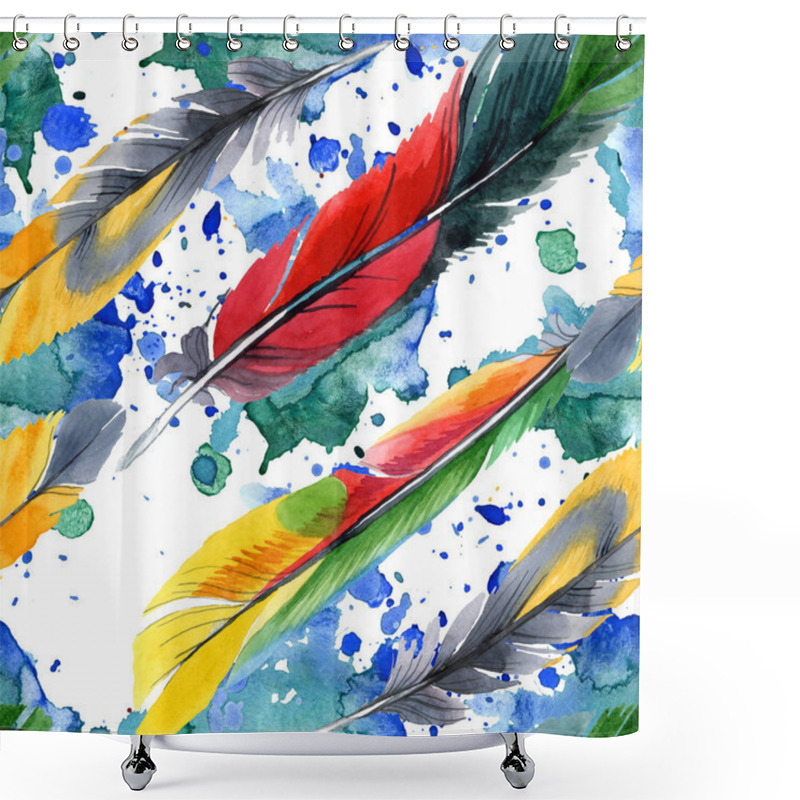 Personality  Colorful Bird Feather From Wing Isolated. Watercolour Drawing Fashion Aquarelle. Fabric Wallpaper Print Texture. Shower Curtains