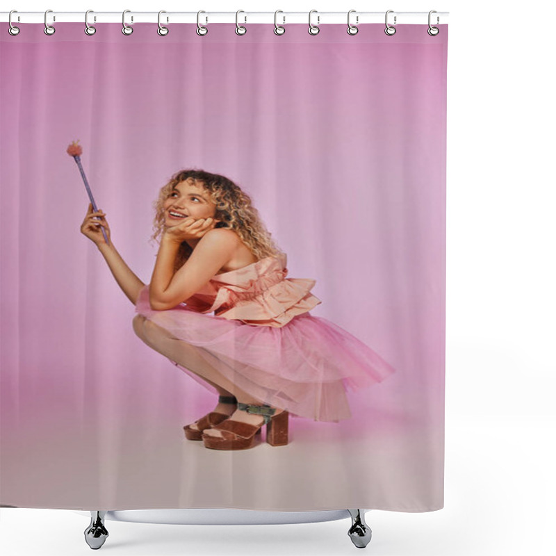 Personality  Pretty Woman In Tooth Fairy Costume With Magic Wand In Hands Squatting And Posing On Pink Backdrop Shower Curtains