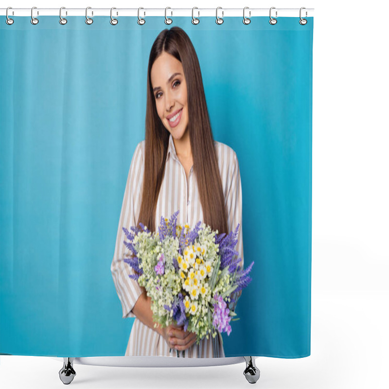 Personality  Photo Of Cute Pretty Lady Enjoy Wildflowers Fresh Morning Bunch Pleasant Smell Boyfriend Present Anniversary Wear Casual Spring Striped Dress Isolated Blue Color Background Shower Curtains