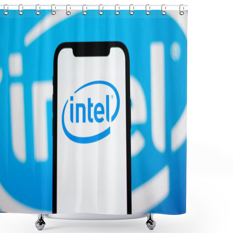 Personality  Logo Of Intel Is Displayed On A Smartphone Screen Shower Curtains