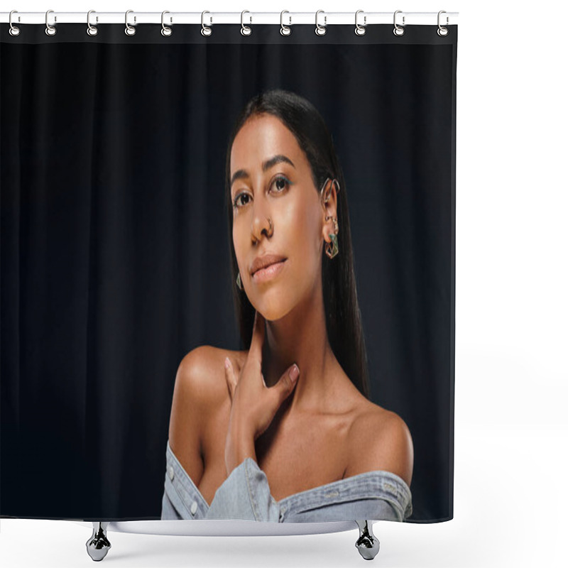 Personality  Brunette Woman Demonstrates Jewellery In A Studio Setting With Natural Light. Shower Curtains