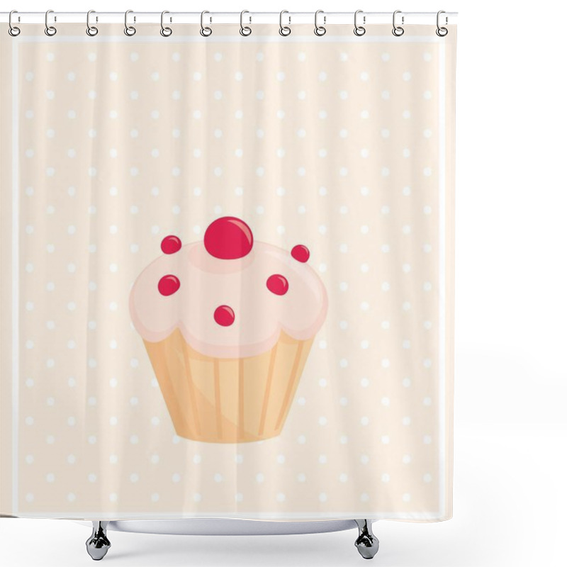 Personality  Sweet Vector Cupcake On White Polka Dots Pink Background Shower Curtains