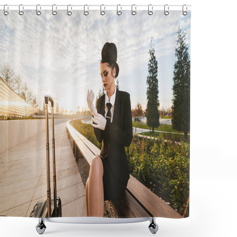 Personality  Pensive Young Woman Stewardess In Uniform Waiting For Flight, With Suitcase Shower Curtains