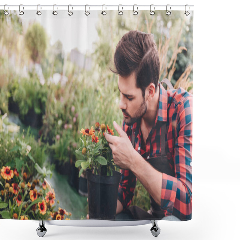 Personality  Gardener Holding Flower In Flowerpot Shower Curtains