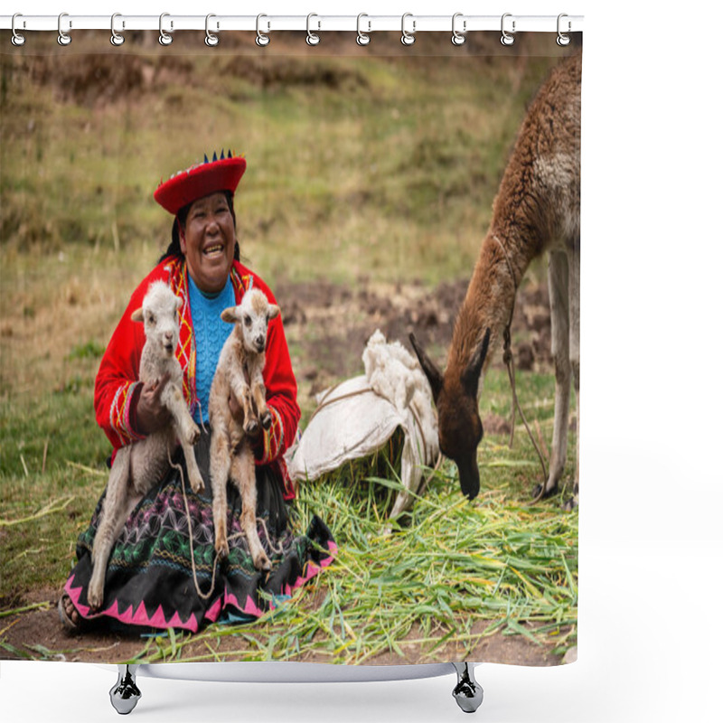 Personality  Peru Village - 12 October 2018 : Woman In National Clothes Holding Lamas Shower Curtains