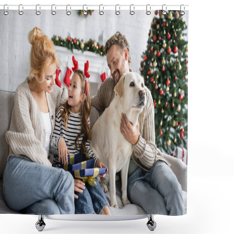 Personality  Girl Opening Christmas Gift Near Parents And Labrador At Home  Shower Curtains