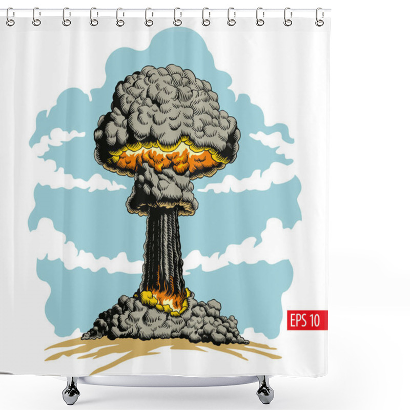 Personality  Nuclear Explosion. Atomic Bomb Mushroom Cloud Comic Style Vector Illustration. Shower Curtains