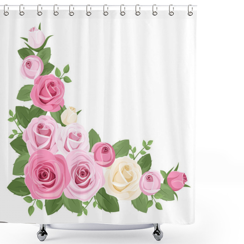 Personality  Pink And White Roses, Rosebuds And Leaves. Vector Illustration. Shower Curtains