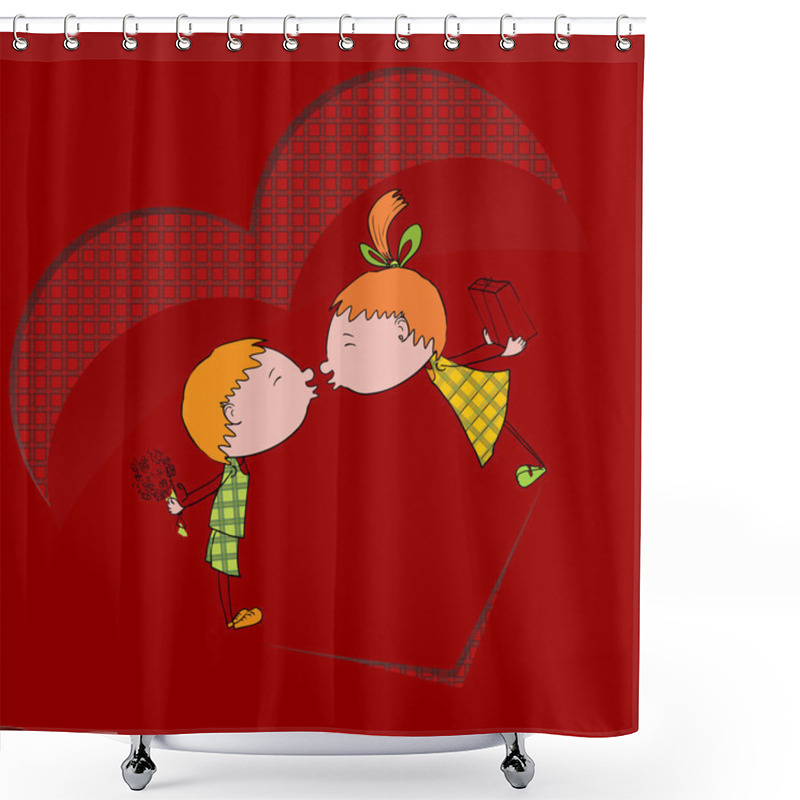 Personality  Two Kids Are Kissing Each Other. Vector Illustration. Shower Curtains