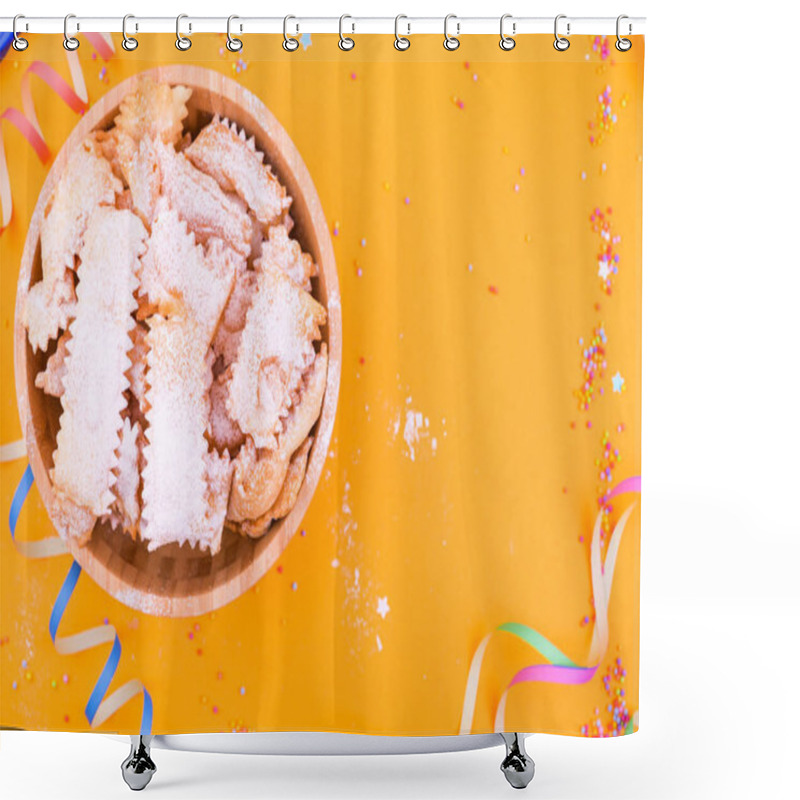 Personality  Traditional Italian Carnival Fritters Dusted With Icing Sugar - Frappe Or Chiacchiere . Sweets And Festive Decor On A Yellow Background. Free Space For Text. Shower Curtains