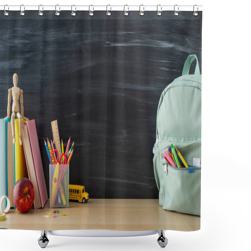 Personality  Unlock Your Creativity - Side View Photo Of Desk Decorated With Pencils Holder, Books, Clips, Apple. Backpack, Mannequin Body, And Toy School Bus Enhance Atmosphere. Chalkboard Backdrop Await Ideas Shower Curtains