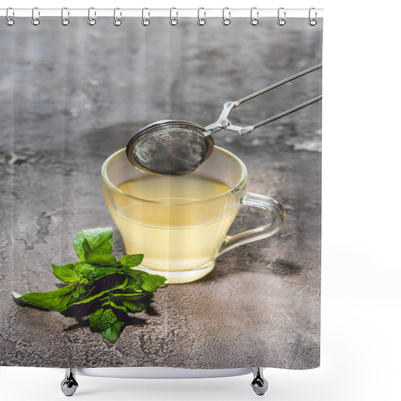 Personality  Healthy Tea With Mint And Tea Strainer On Grey Surface Shower Curtains