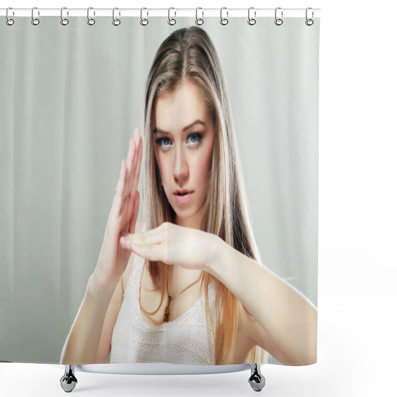 Personality  Woman Showing Time Out Hands Gesture  Shower Curtains