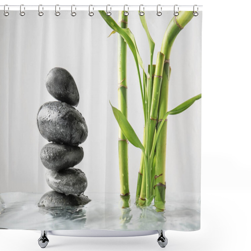 Personality  Stack Of Spa Stones And Bamboo In Water Against Light Background Shower Curtains