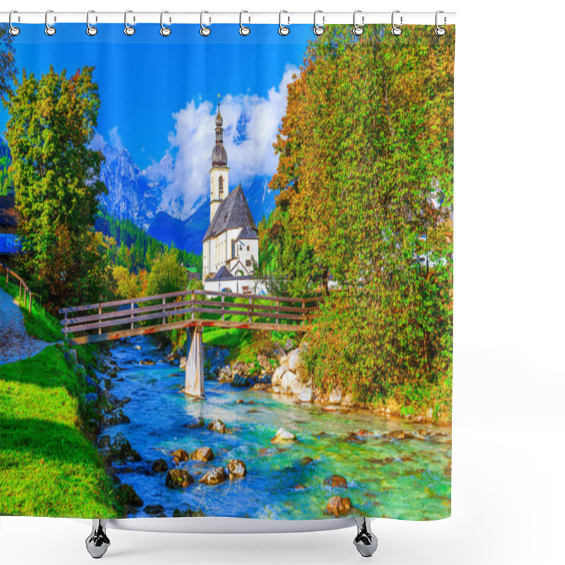 Personality  Ramsau, Berchtesgaden National Park, Germany: Autumnal Scenery With Parish Church Of St. Sebastian And River Ramsauer Ache, Bavaria, Europe Shower Curtains