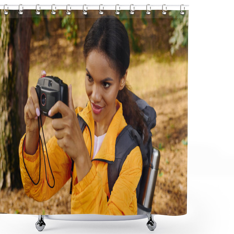 Personality  A Young African American Woman Enjoys Hiking Through An Autumn Forest, Capturing Beautiful Moments. Shower Curtains