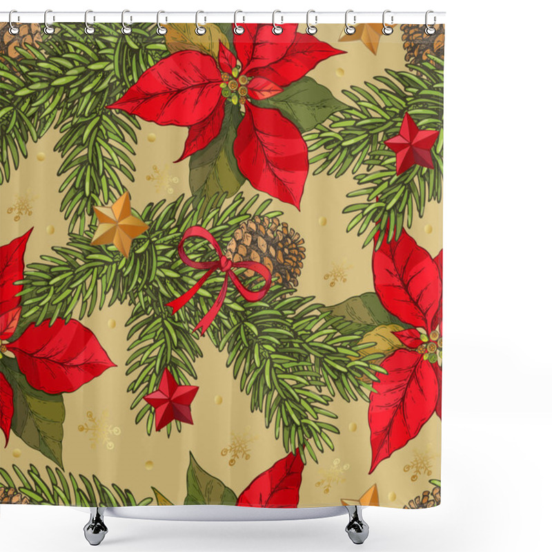 Personality  Vector Seamless Christmas Background With Hand Drawn With Spruce Branches, Cones, Poinsettia Flowers, Red And Gold Stars, Red Bows And Gold Snowflakes Shower Curtains