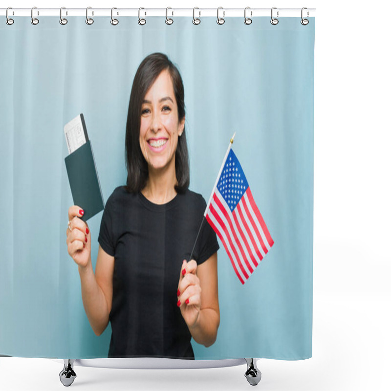 Personality  Caucasian Attractive Woman In A Migration Concept With Her Passport And US Flag Happy About The American Dream Patriot Shower Curtains