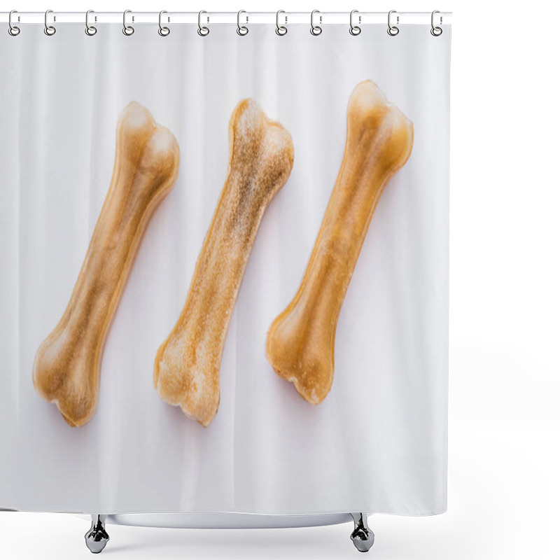 Personality  Flat Lay Of Bone Shaped Pet Treats Isolated On White Shower Curtains