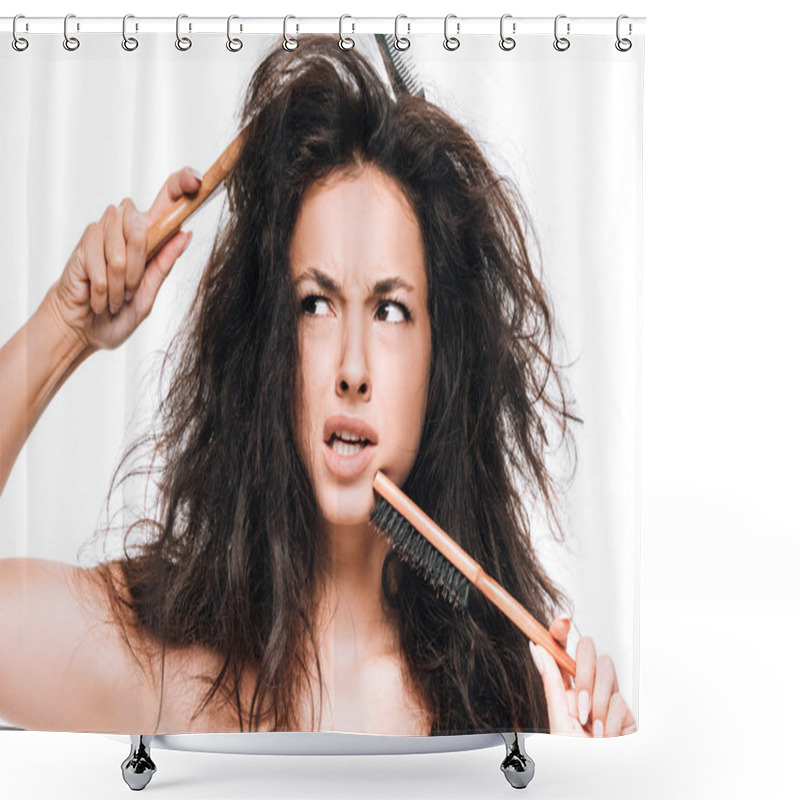 Personality  Confused Brunette Woman With Combs In Wavy Unruly Hair Looking Away Isolated On White Shower Curtains