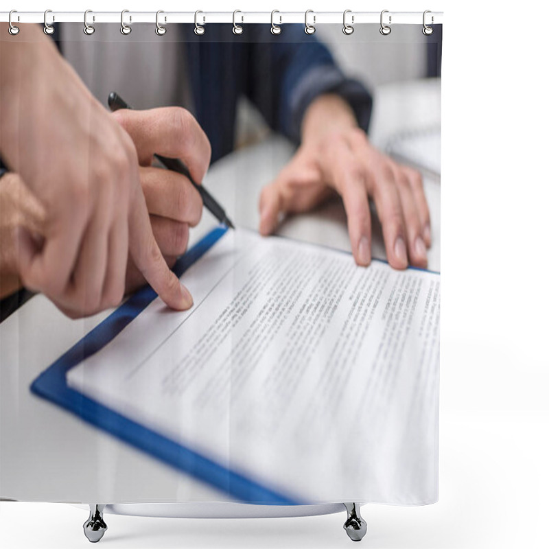 Personality  Cropped Shot Of Client Signing Contract While Manageress Pointing At It Shower Curtains