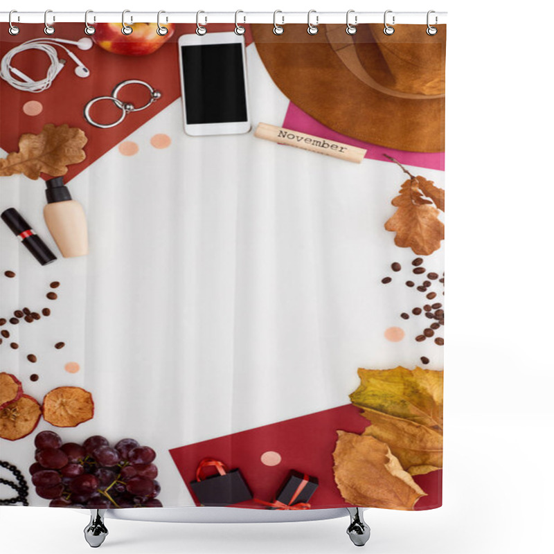 Personality  Smartphone, Hat, Dry Leaves, Fresh And Dry Apples, Grapes, Donut, Cosmetics, Coffee Grains And Wooden Block With November Inscription Isolated On White Shower Curtains