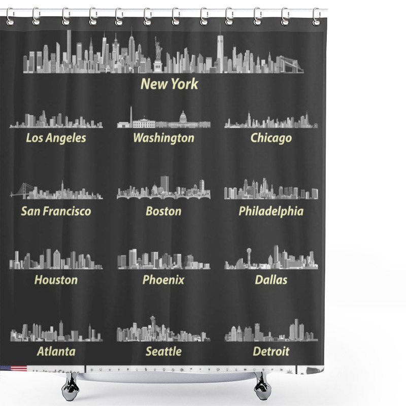 Personality  Vector Illustration Of Largest United States City Skylines In Black And White Color Palette. Navigation, Location And Travel Icons; Flag And Map Of United States Of America Shower Curtains