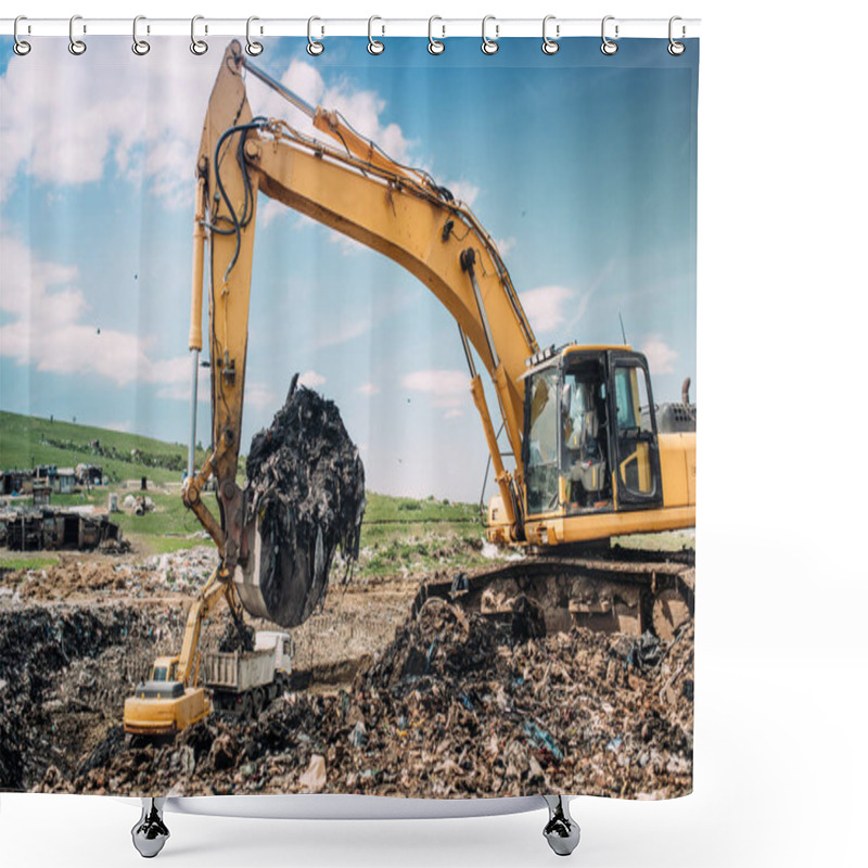 Personality  Industrial Excavators And Heavy Duty Machinery Working On Garbage Dump Site.  Shower Curtains